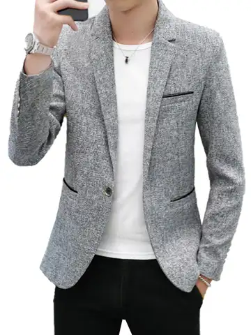 Новый Модный повседневный мужской блейзер, хлопковый приталенный костюм в Корейском стиле, Мужской Блейзер, мужские костюмы, куртка, блейзе...