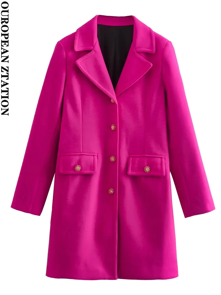 

PAILETE Women 2022 fashion fitted woolen coat vintage lapel long sleeve flap pockets female outerwear chic overcoat