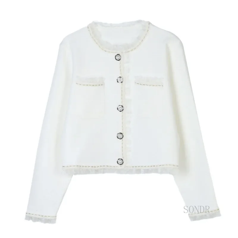 Высокомодный черный кардиган с кружевной отделкой 2024 осень-зима укороченный