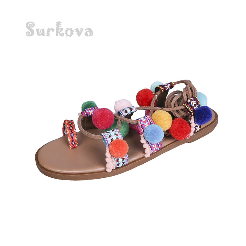 Bohemian Cross Strap Sandals Colorful Fur Ball Flip Flop Women's Flat Summer Pumps Rome Ethnic Style Round Toe Lace-Up Sandals