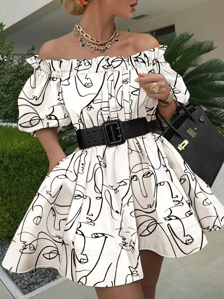 

Женское платье-туника с открытыми плечами и воланом, с поясом