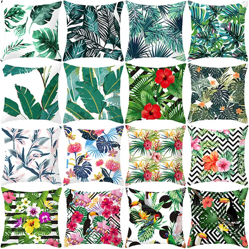 

YWZN Summer Tropical Plants Decorative Pillowcase Green Leaves Throw Pillow Case Polyester Printing Pillow Cover kussensloop