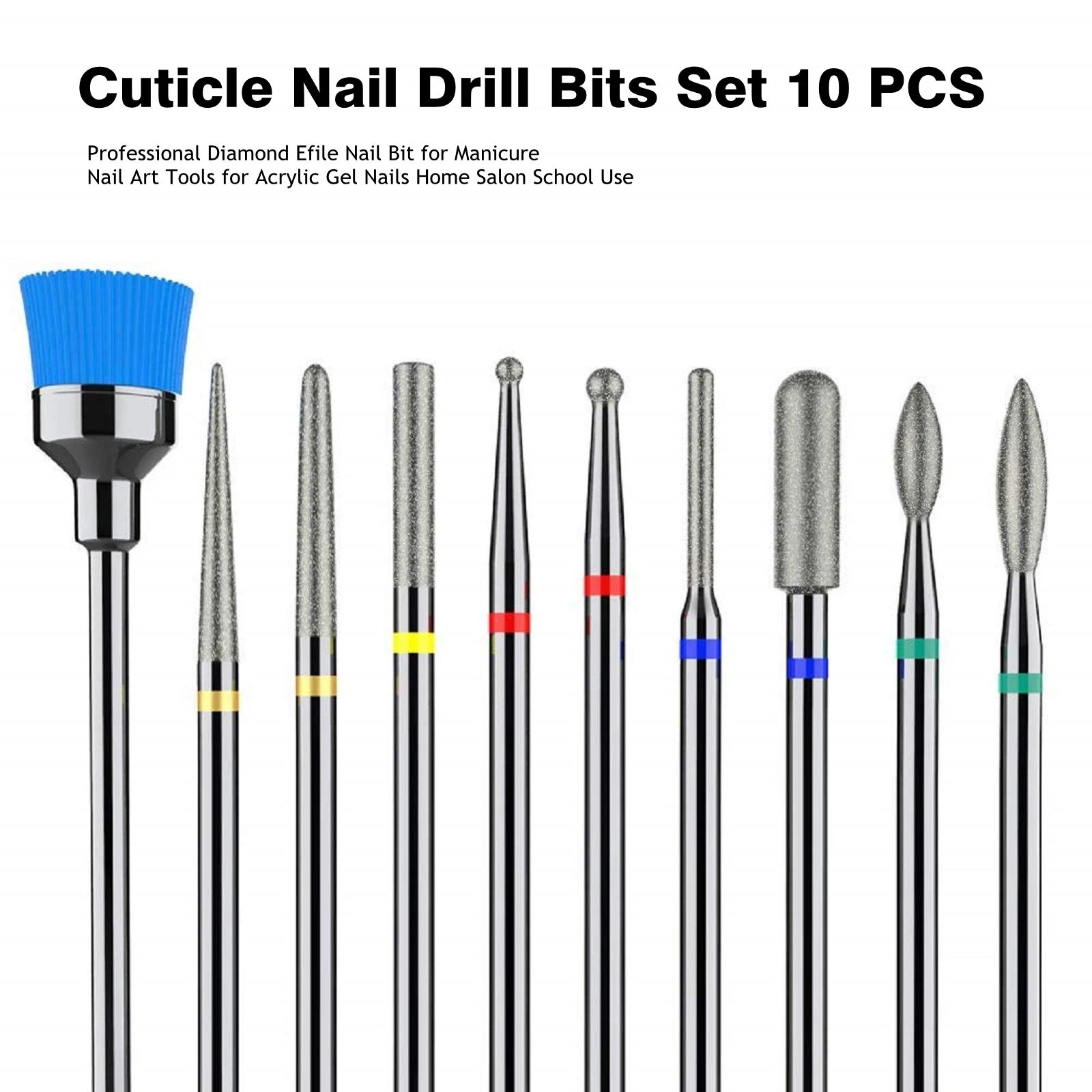 10Pcs Diamond Nail Drill Bit Set, 3/32'' (2.35mm) Professional Cuticle Nail Drill Bits Kit for Acrylic Gel Nails, Efile Manicure
