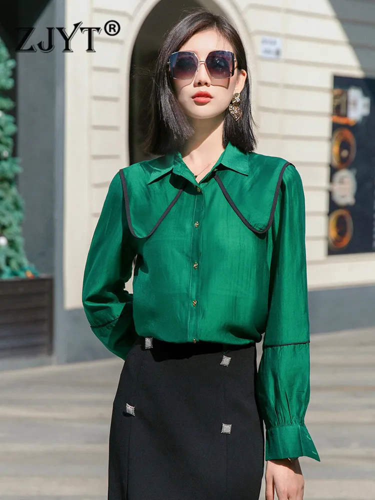 

ZJYT Fashion Lapel Collar Tencel Blouse Women Long Sleeve Elegant Ladies Casual Office Shirt Spring 2022 New Blusas Female Tops