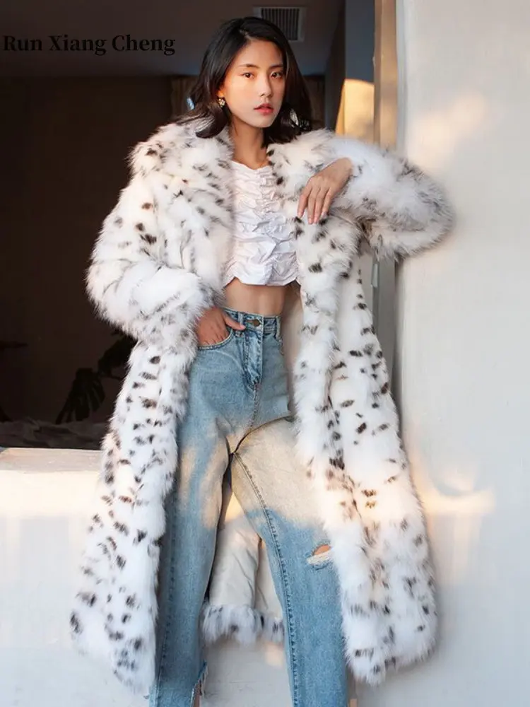 Women's Winter Jacket 2023 New Leopard Print Luxury Designer Women's Plush Jacket Long Chic and Elegant Faux Fox Fur Coat Women