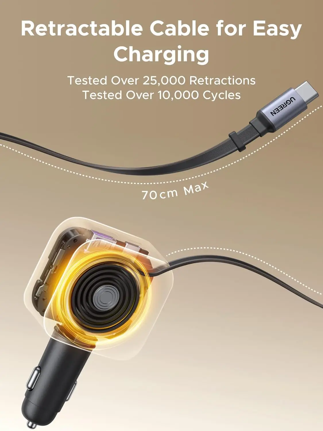 Фото UGREEN 145W 3C1A Выдвижное автомобильное зарядное устройство, автомобильное зарядное устройство для телефона USB C Быстрая зарядка с кабелем типа C №4
