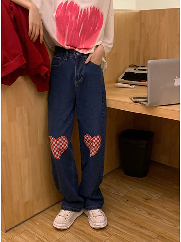 

Blue High Waist Women's Straight Jeans Black Vintage Baggy Streetwear Harajuku Korean Fashion Girl Denim Trouser Wide Leg Pants