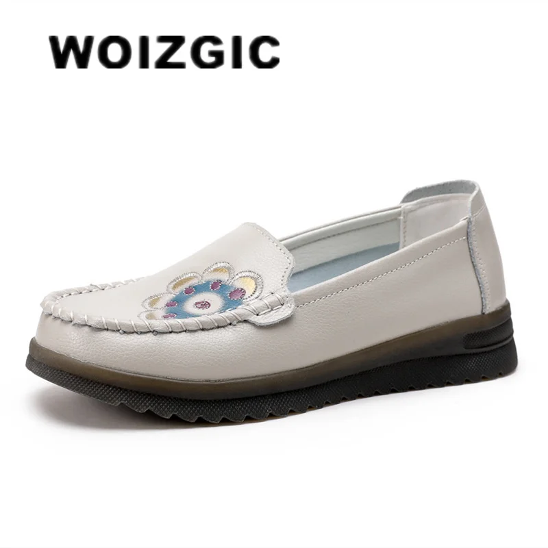 

WOIZGIC Women's Mother Female Ladies Genuine Leather Flats Shoes Loafers Flower Slip On Nurse Embroidery Moccasins Ethnic Style