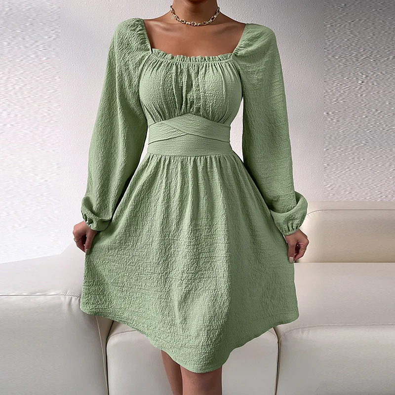 

Retro High Waist Tie Drape A-line Dress Women Spring Autumn Square Neck Lantern Sleeve Party Dresses Office Lady Solid Vestidos