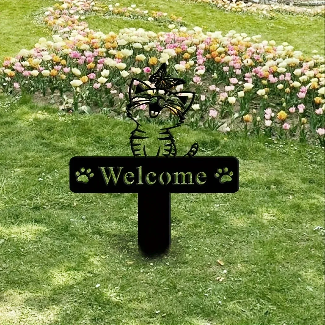 1 Шт. Металлический Садовый Кол Кошка С Бабочкой Мемориальный Маркер Именем Двор