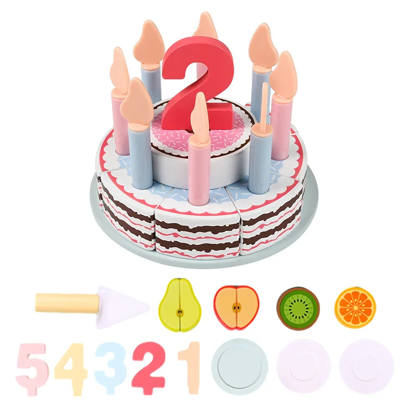 

Wooden Double-Layer Birthday Cake for Toddlers 3-6Y Play Food Set Children Educational Montessori Pretend Play Kitchen Toys Gift