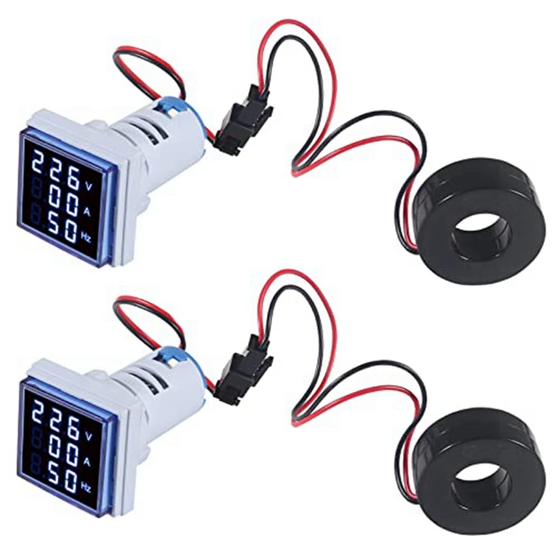 

2PCS Current Voltage Hertz Meters Digital 3In1 22Mm Voltmeter Ammeter Hz Meter Current Frequency Indicator AC 60-500V