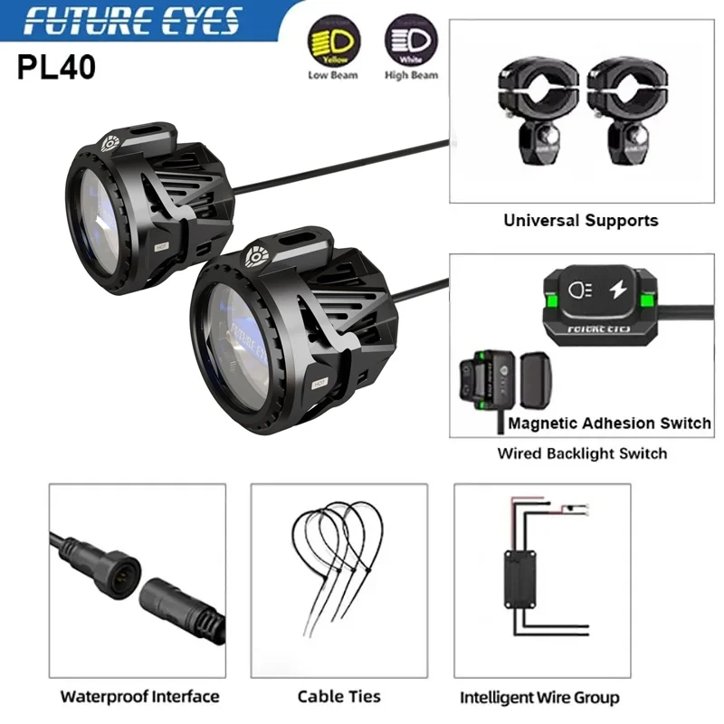 

Прожектор для мотоцикла FUTURE EYES PL40, Ближний и Дальний свет, встроенный вспомогательный дорожный туман, фонарь, 180 Вт, мигающий яркий свет