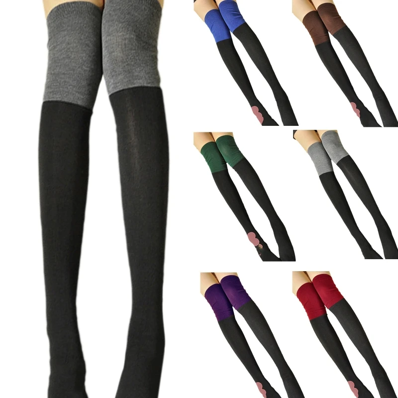 

Женские вязаные хлопковые чулки выше колена, высокие чулки контрастных цветов