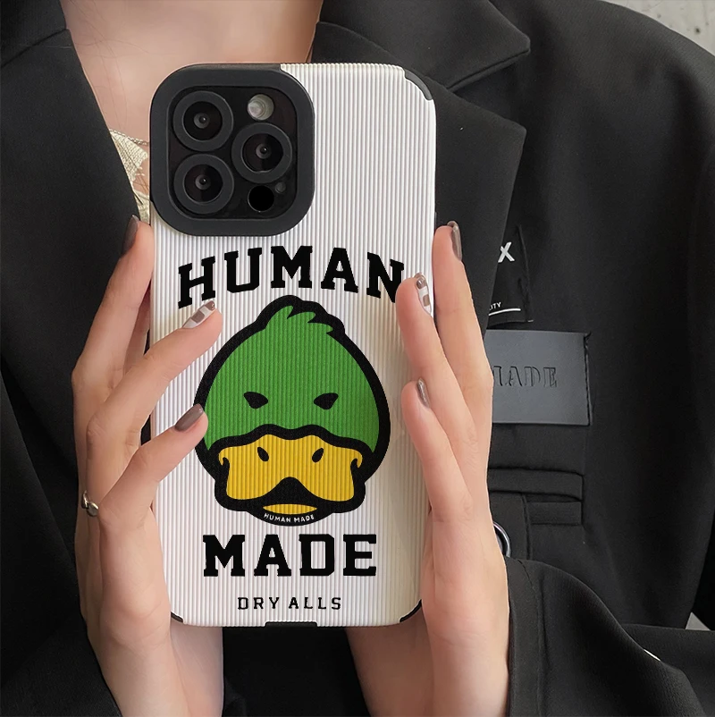 

Vertical Stripe Leather Street Trend Culture Brand NIGO HUMANMADE Cartoon Phone Case For iPhone 11 12 13 15Pro XSMax 8Plus Cover