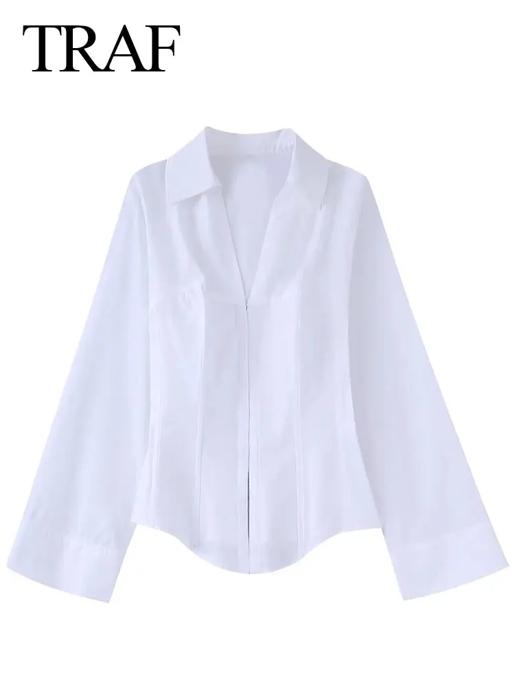 

Модная однотонная Белая Яркая рубашка TRAF 2022, офисная блузка с коротким открытым воротником и темными пуговицами и длинными рукавами, Женски...
