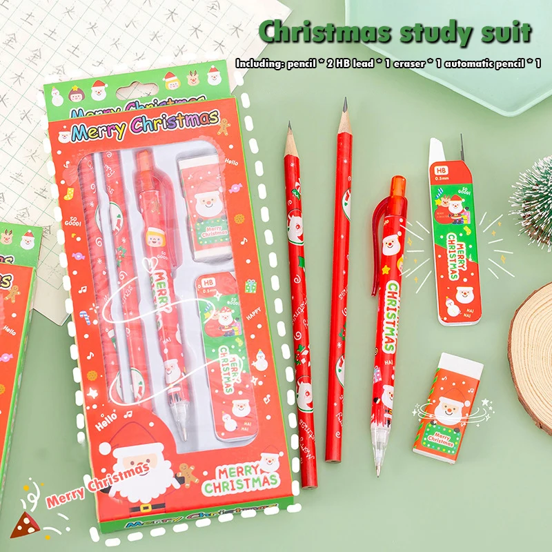 

1 комплект, новый креативный Рождественский подарочный набор из пяти предметов, Детские канцелярские принадлежности, набор ластиков для карандашей для студентов, новогодний подарок, школьные принадлежности