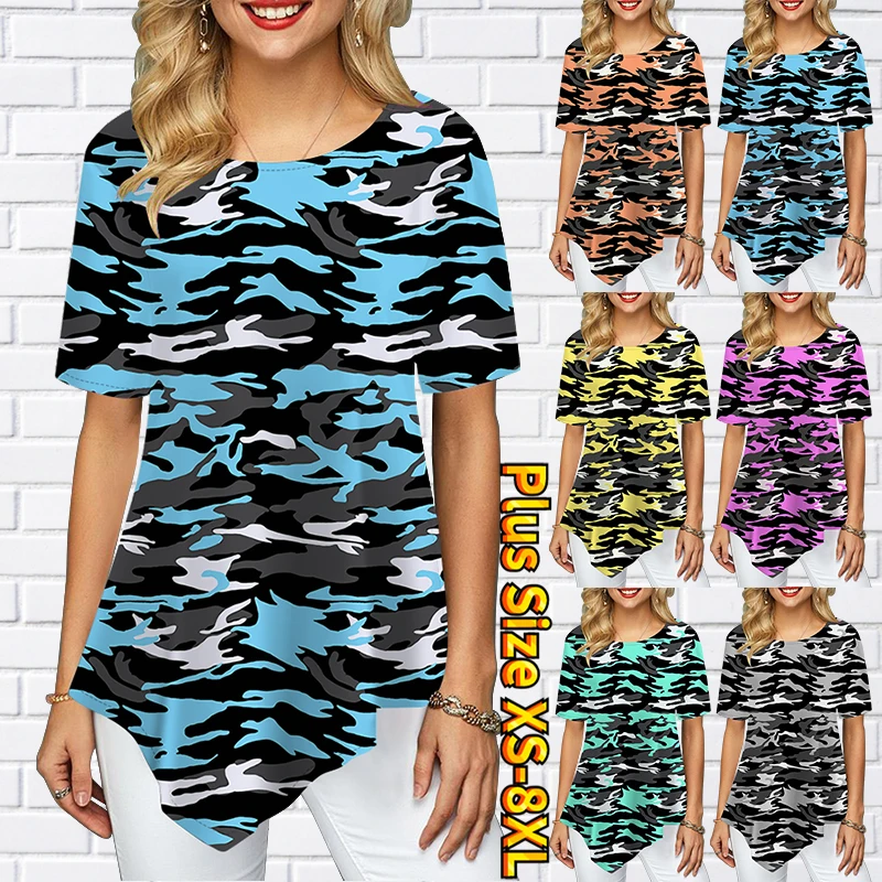 

2022 New Summer Women's Round Neck Fashion T-shirt Irregular Hem Top Casual Loose Pullover Women's Everyday 3D Printing T-shirt