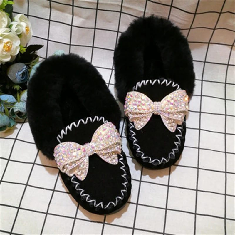 Fur integrated flat-bottomed beanie black women'sshoes handmade custom diamond-encrusted bow gemstone dollshoes comfortable35-40