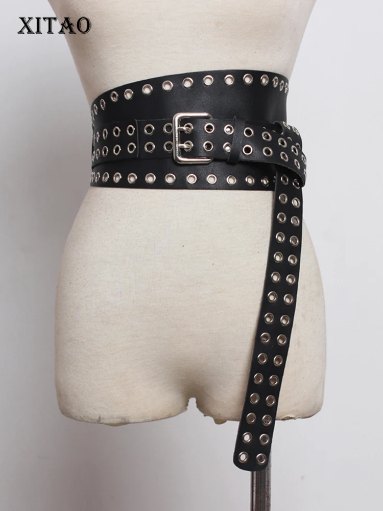 

XITAO Black Cummerbunds Metal Rivet Eyelet Decoration PU Belt 2023 Personality Fashion Street Trendy All-match Wide Belt HQQ0879