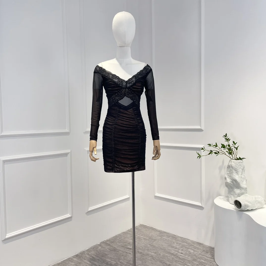 

2023 Autumn Winter Birthday Club Sexy Style Black Long Sleeve Lace Patchwork Ruched Tulle Mini Dress Women Clothing