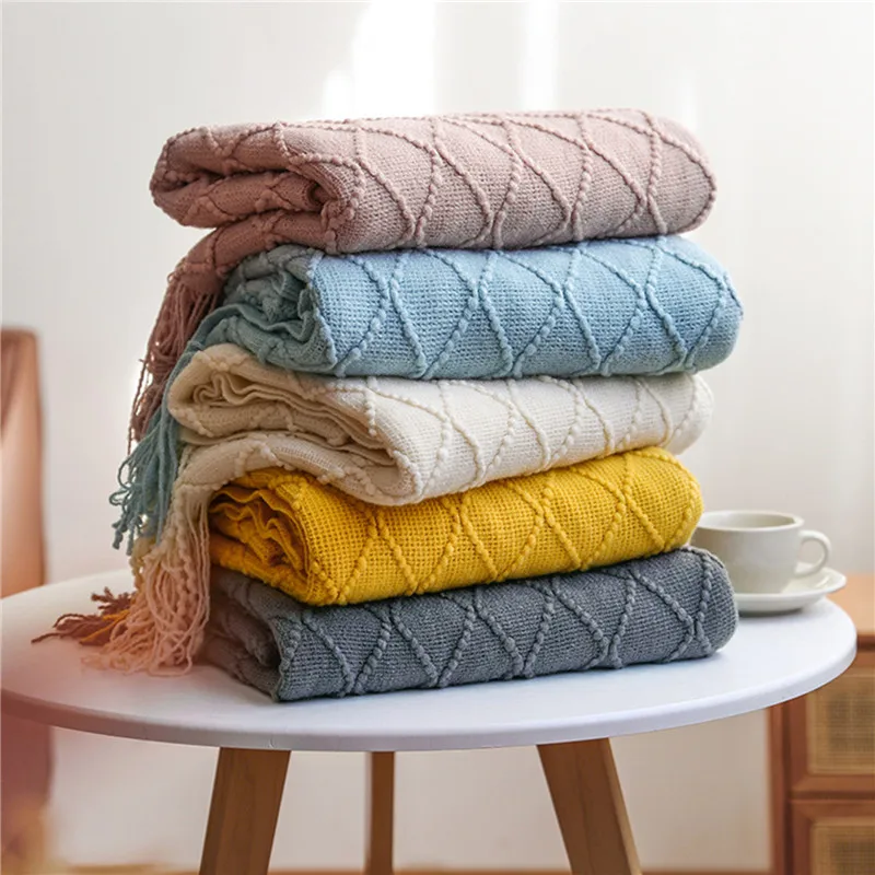 

Knitted Blanket Solid Color Waffle Embossed Blanket Nordic Decorative Blanket for Sofa Bed Throw Chunky Knit Throw Blanket