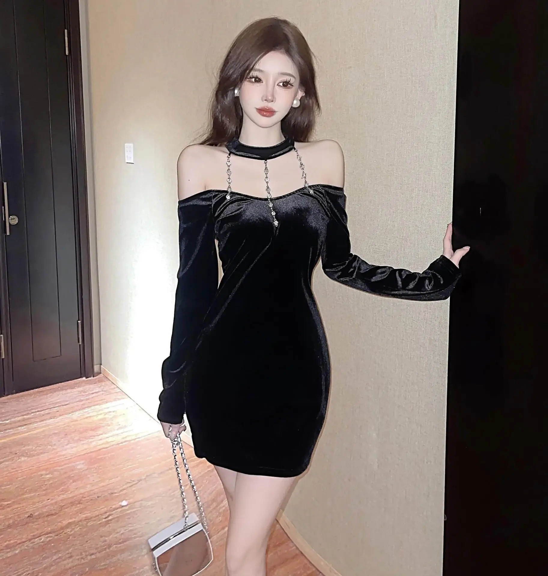 Винтажное бархатное платье женское черное платье-русалка для похудения