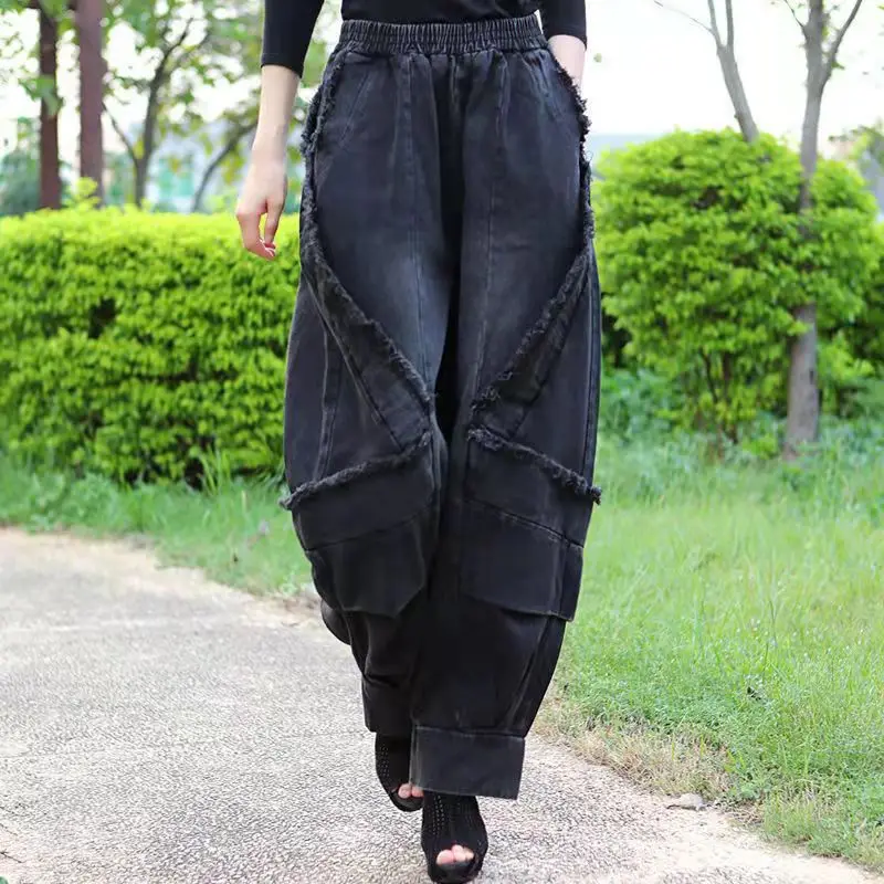 

Black Wide-leg Jeans Harlan Pants Loose Fashion Casual Full Length High Waist Patchwork Print Pocket Jeans Women Clothes Spring