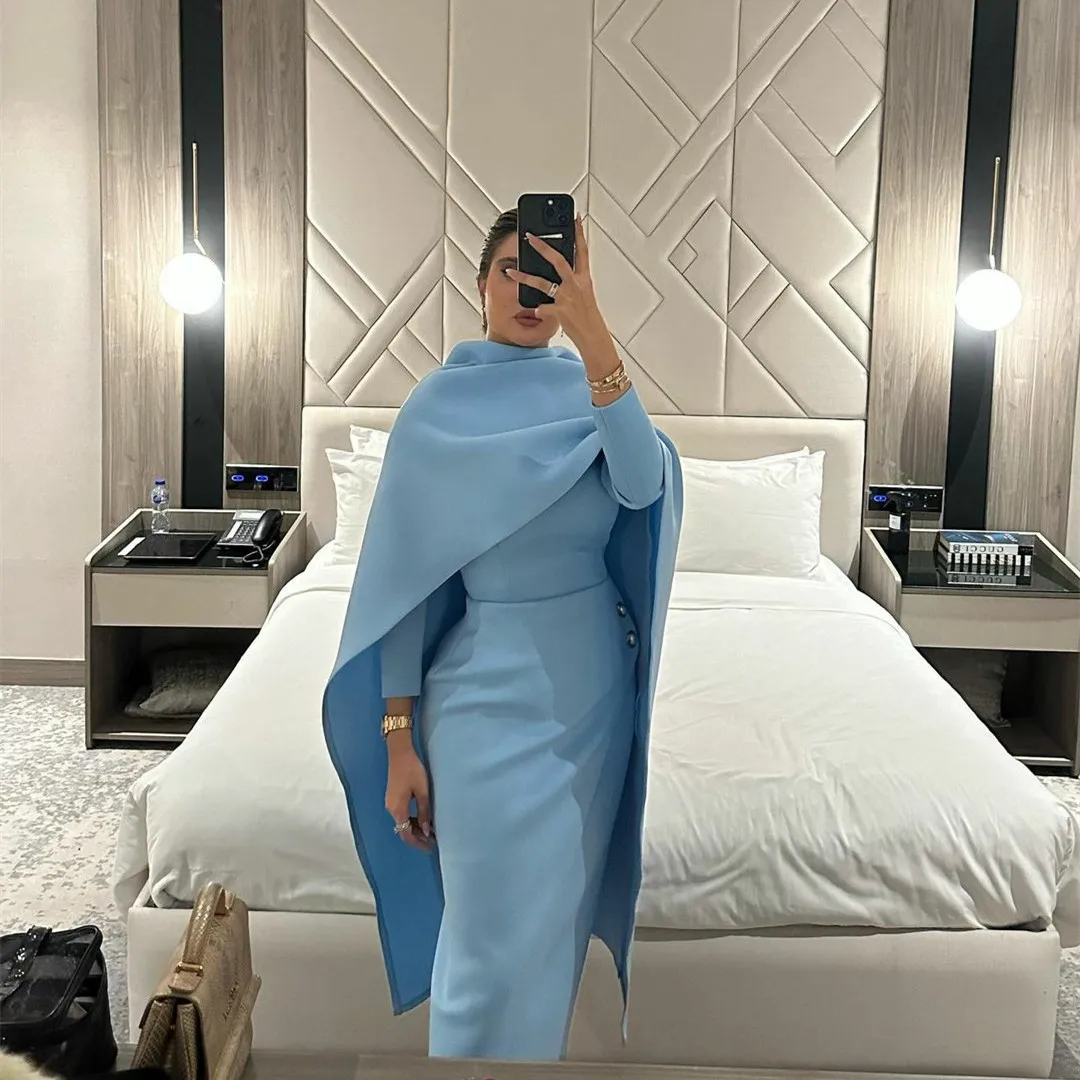 

Classy Short Crepe Light Blue Evening Dresses فساتين السهرة Sheath Pleated Ankle Length Prom Dress Robe de soirée for Women