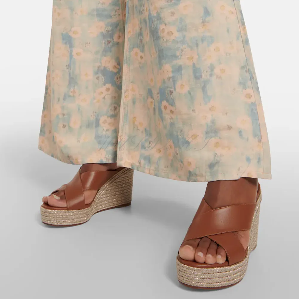 Brown Leather Wedge Espadarille Sandals Women Sexy Cross Design Pink Leather Concise Slippers Casual Heels Sole Platform Shoes