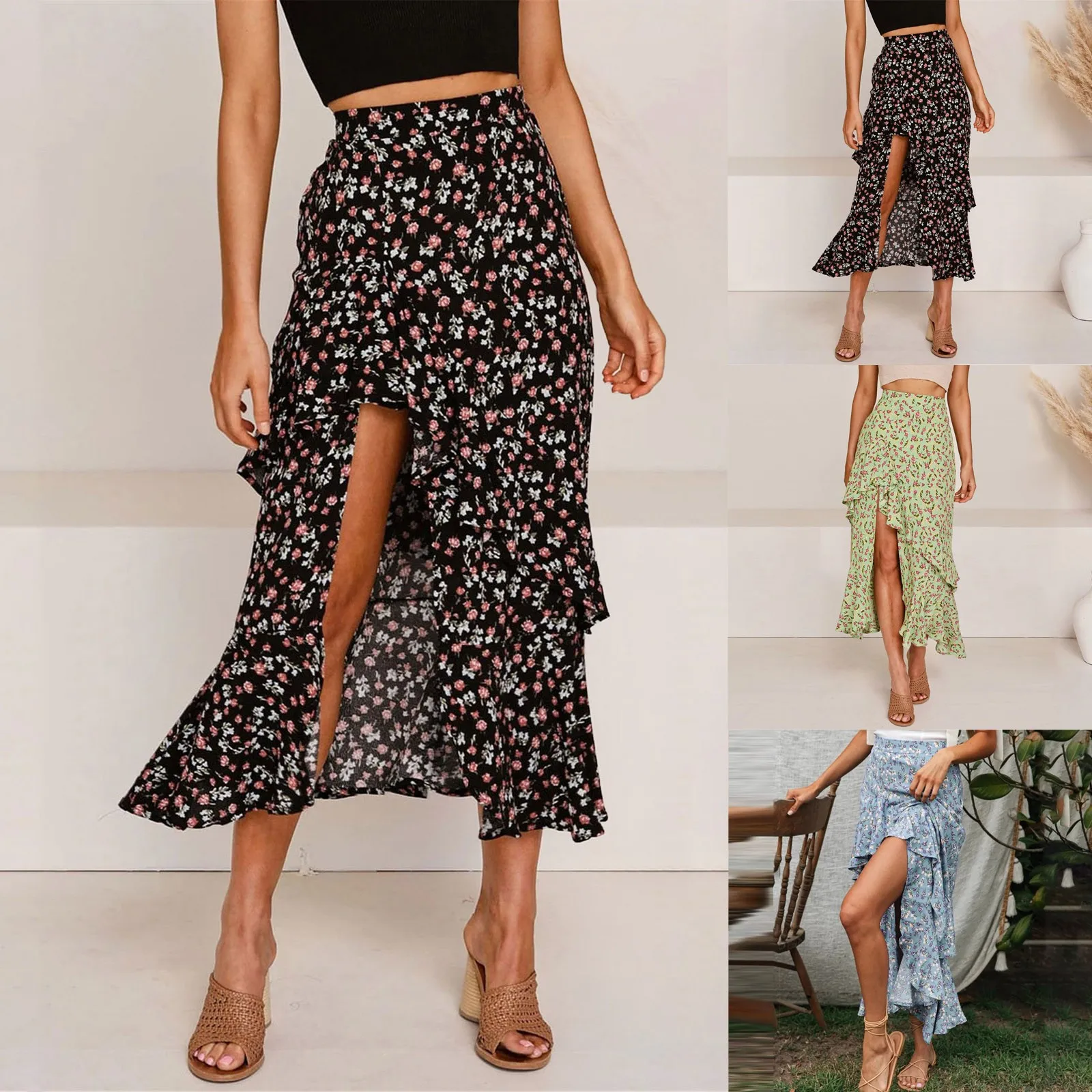 

Kids Skirt Side Low Dress Long Swing Floral High Print Women Waist Dresses Maxi Boho Skirt Elastic Skirt Light Brown Mini Skirt