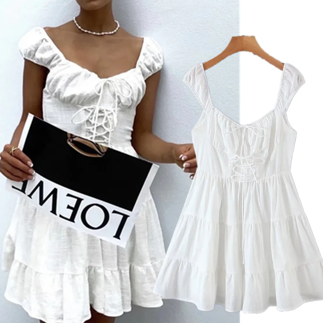 

Elmsk Indie Folk Slash Neck Sexy Beach Cotton Linen White Mini Dress Women Morocco Vintage Summer Suspender Dress
