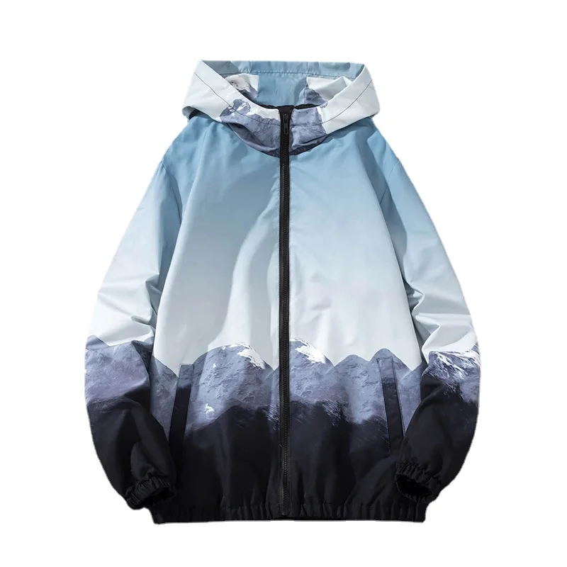 

Jacket Chinese Style Mountain Graphic Oversize Men Hooded Casual Fashion Branded Male Clothing Couple Vintage Spring Coat