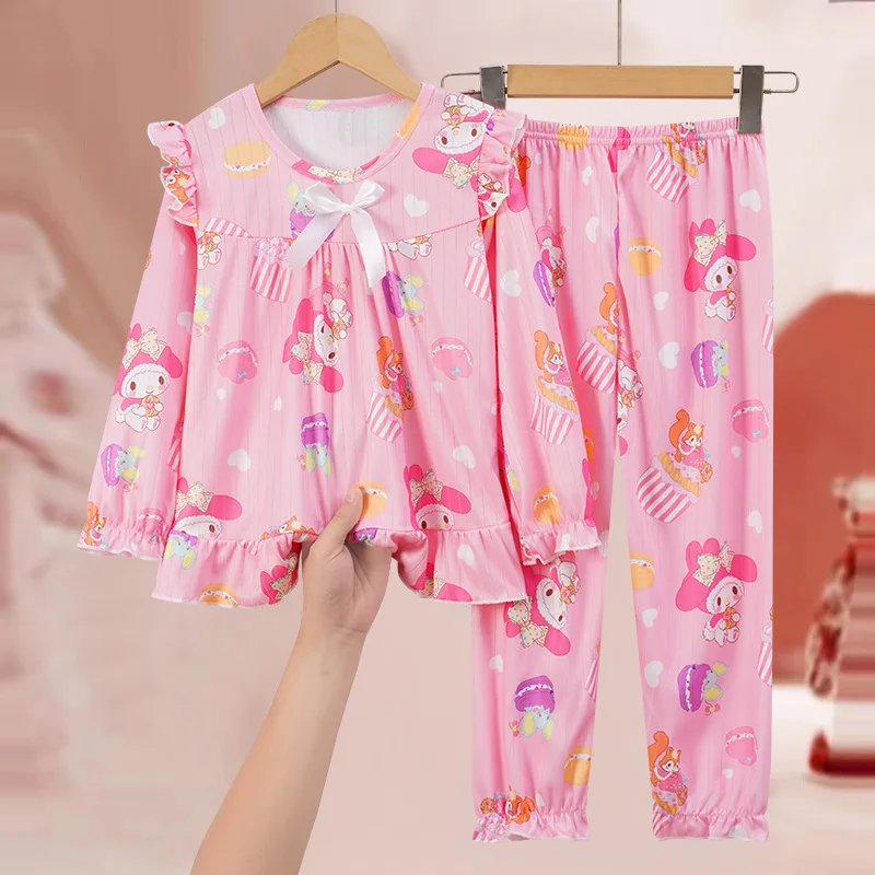 Kawaii Anime Cartoon Sanrio Cute My Melody Kuromi Cinnamoroll Hello Kitty Children's Pajamas Long-Sleeved Set Home Clothes
