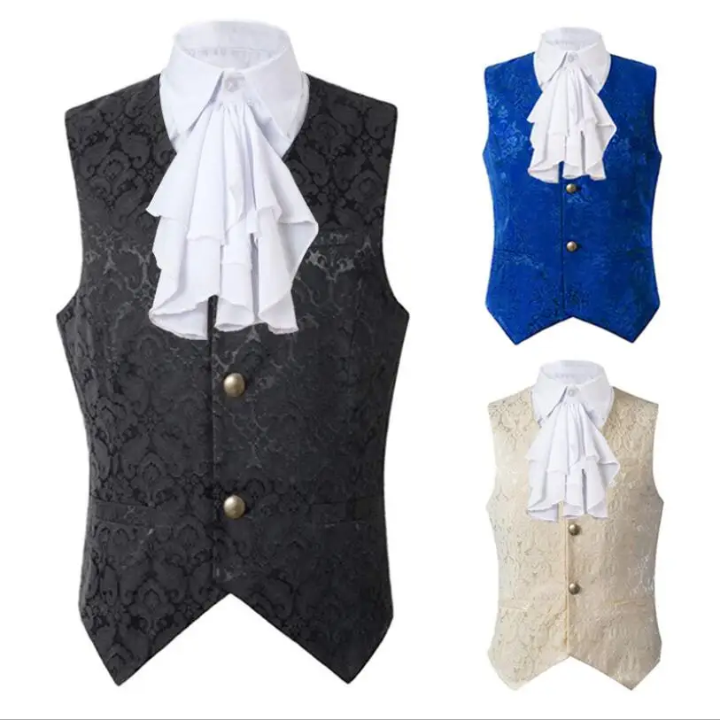 

S-3XL Men's Steampunk Suit Vest Gothic Victorian Single Breast Brocade Medieval Halloween Cosplay Waist Coat with Jabot Tie