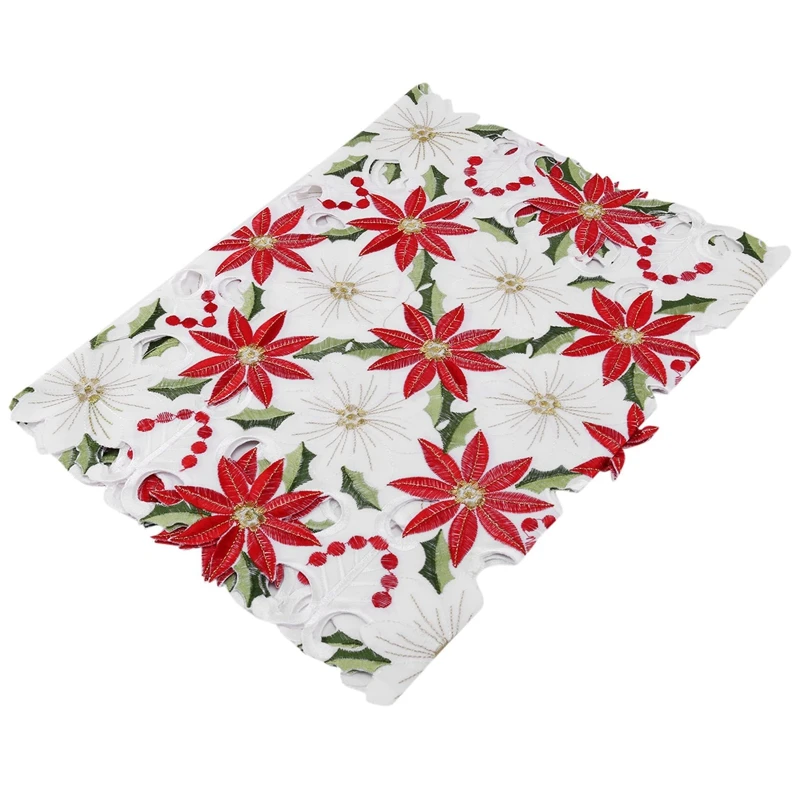 

JHD-Christmas Embroidered Table Runner, Luxury Holly Poinsettia Table Runner For Christmas Decorations, 15 X 70 Inch