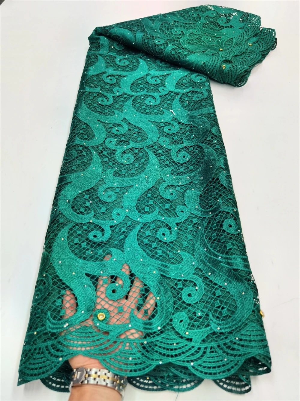 

Green African Lace Fabric Embroidery Guipure Cord Lace High Quality French Water Soluble Laces For Party qx0044
