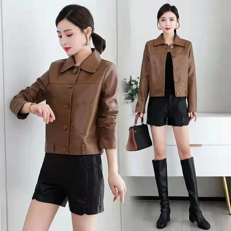 Leather Coat Women's 2022PU Leather Coat Korean Fashion Slim Fashion Short Motorcycle Suit Short Skinny Girl's Coats