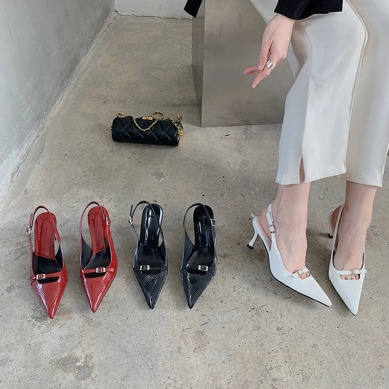 

Pointed Toe Women Sandals Hollow Belt Design Black White Wine Red Summer Thin High Heels PU Leather Fashion Dress Sandals 35-39