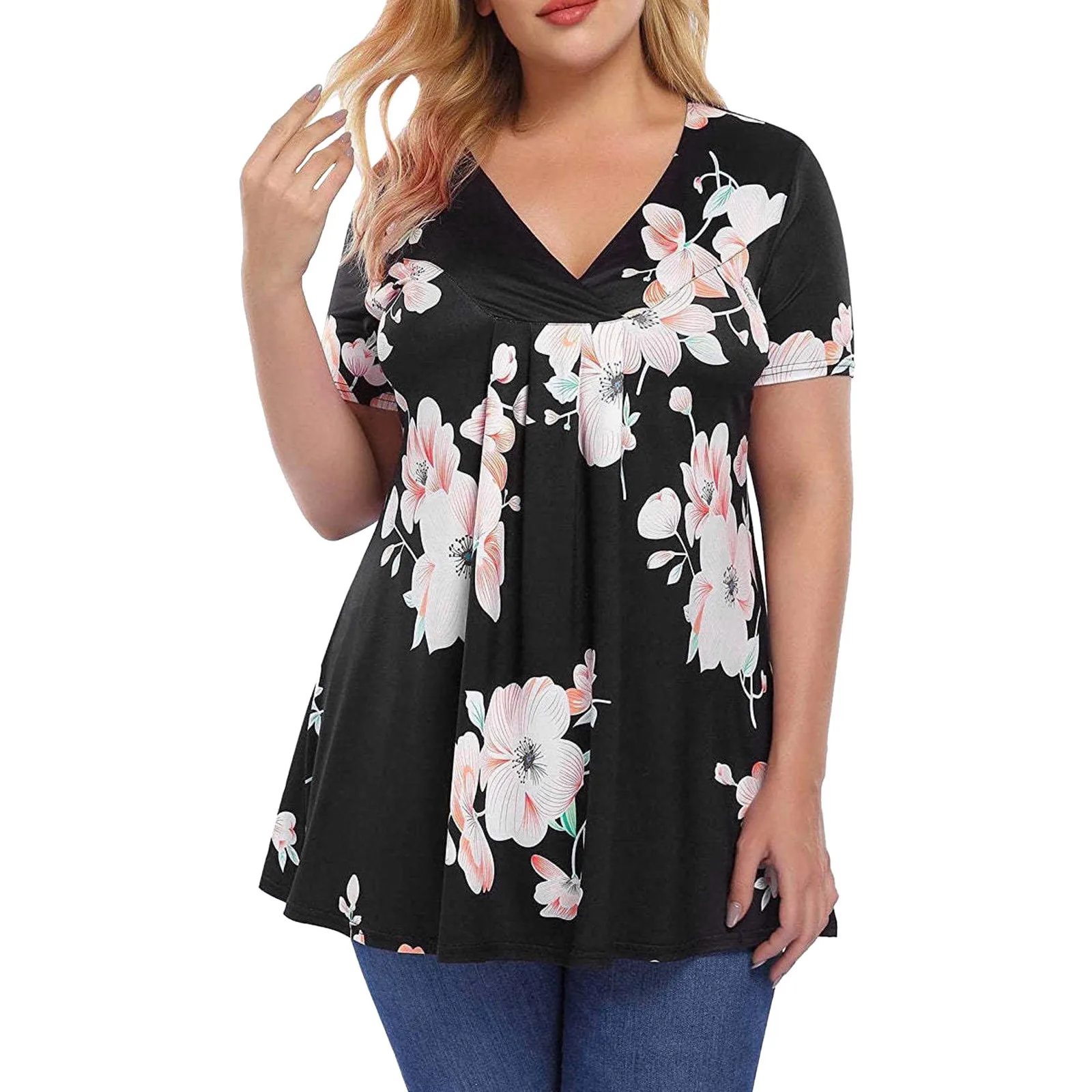 

Floral Print Womens Graphic T Shirts Summer Vintage Fashion Top Pleated Short Sleeve V Neck Loose Casual Tunic Tee Camisetas 4