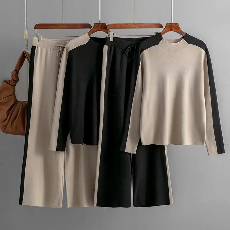 

Осенне-зимние шикарные спортивные костюмы с широкими штанинами, модный вязаный пуловер, Женский комплект из 2 предметов, длинные брюки, костюмы из ткани