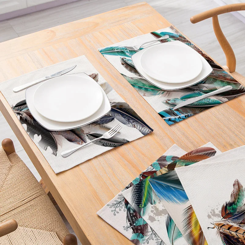 

Colorful 3D Feather Print Linen Tables Heat Resistant Placemat For Table Mat Drink Cup Coaster Home Decor Kitchen Accessories