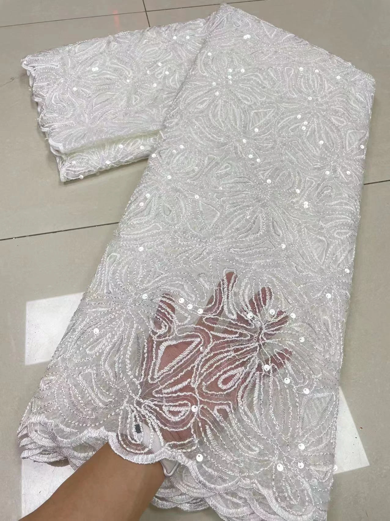 African Lace Fabric 2022 High Quality Embroidery For Women Party Dress With Sequins White Lace Fabric For Sewing 5 Yards JL126