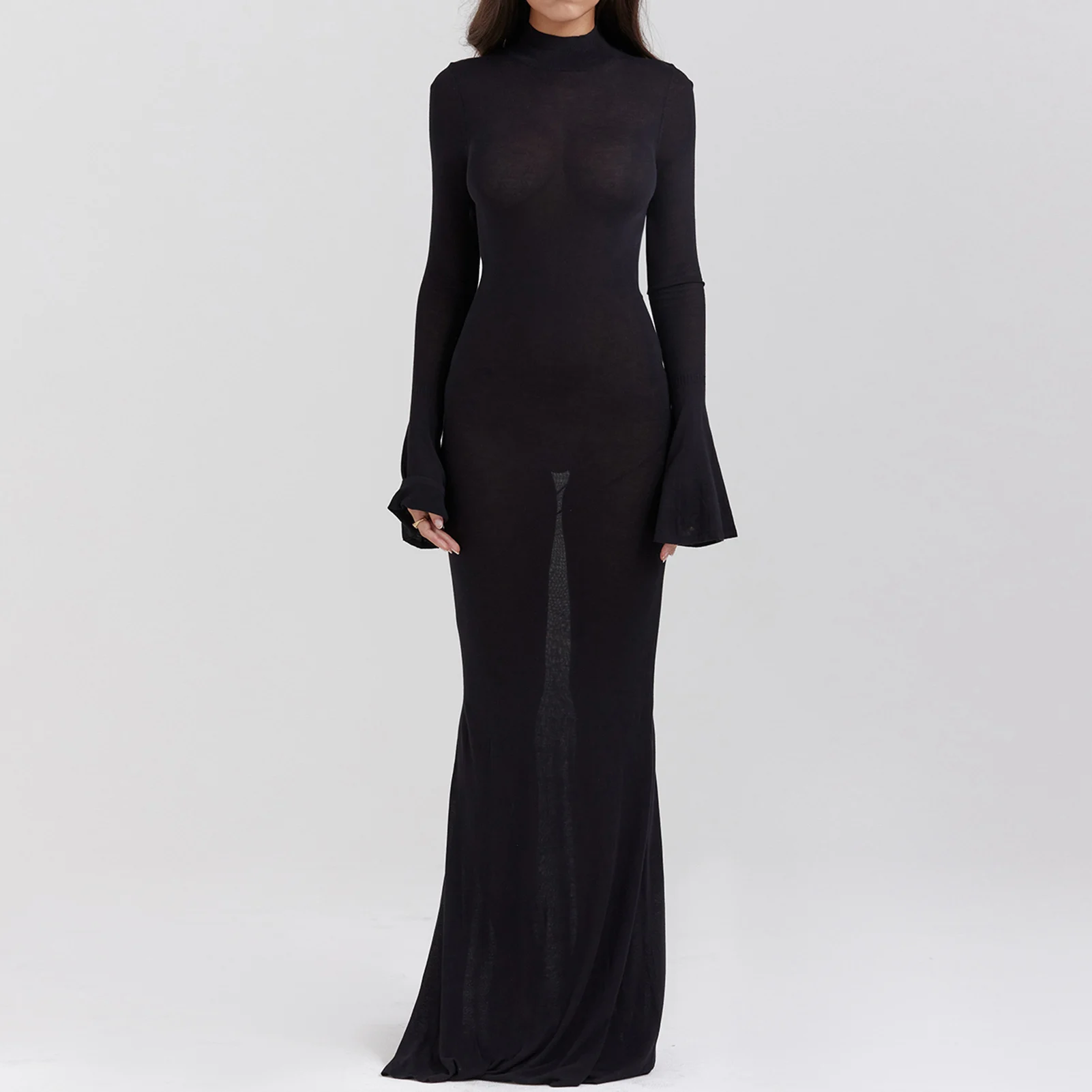 

High Collar Backless Dress Women Long Sleeve Dress Spicy Girl Solid Color Sexy Maxi Dress Elegant Style Classic Vacation Outfit