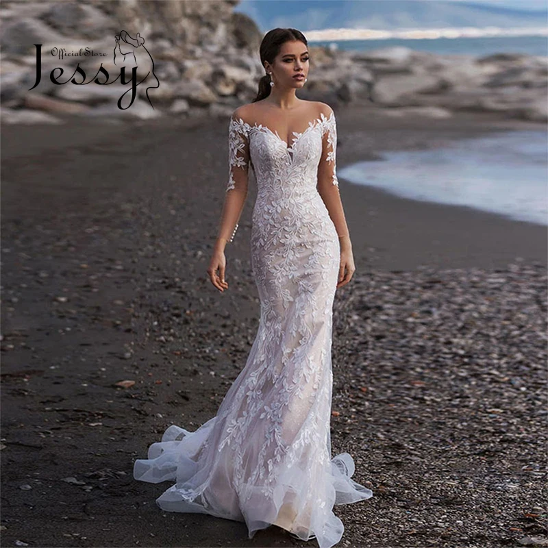 

Luxury Wedding Dress Embroidered Lace On Net With Mermaid Slim-line Ball Gown O-neck Puff Sleeves Bridal Backless Robes De Marié