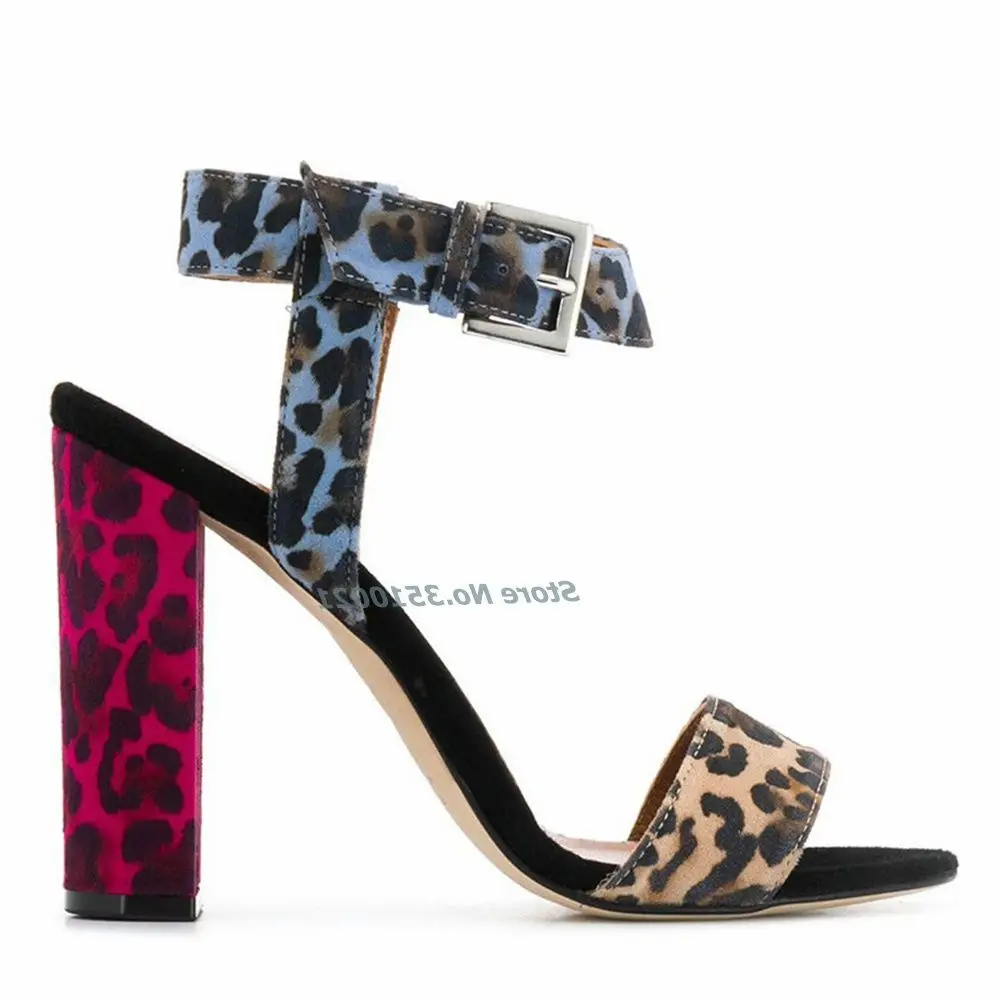

Fashion Leopard Mixed Colored Sandals Sexy Square Heel Open Toe Round Toe Simple European Style Summer New Arrivals Hign Heels