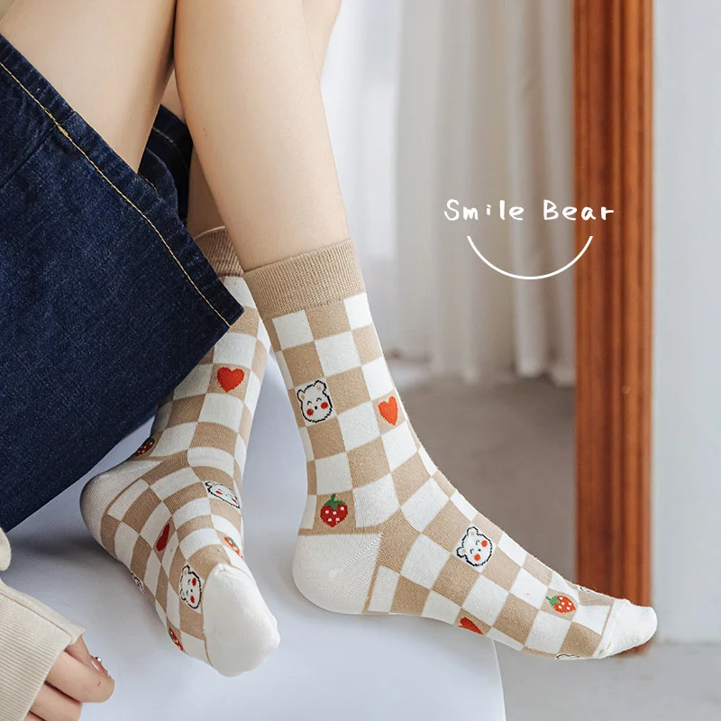 

Korean Cartoon Print Women's Cotton Socks Cute Bear Medium Tube Breathable Harajuku Socks Street Casual Sports Sock Hipster