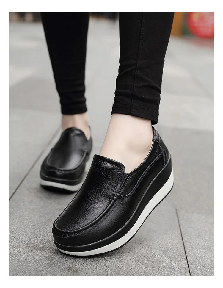 Spring Women's leather shoes Platform Shoes Casual Shoes Breathable Wedge Sneakers white Black Trainers Knitting Shoes Large siz