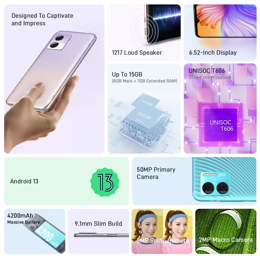 DOOGEE N50 6.52Inch HD Display Android 13 Smartphone Octa Core 8GB+128GB 50MP Camera 4200mAh Battery Fast Charging Mobile Phones