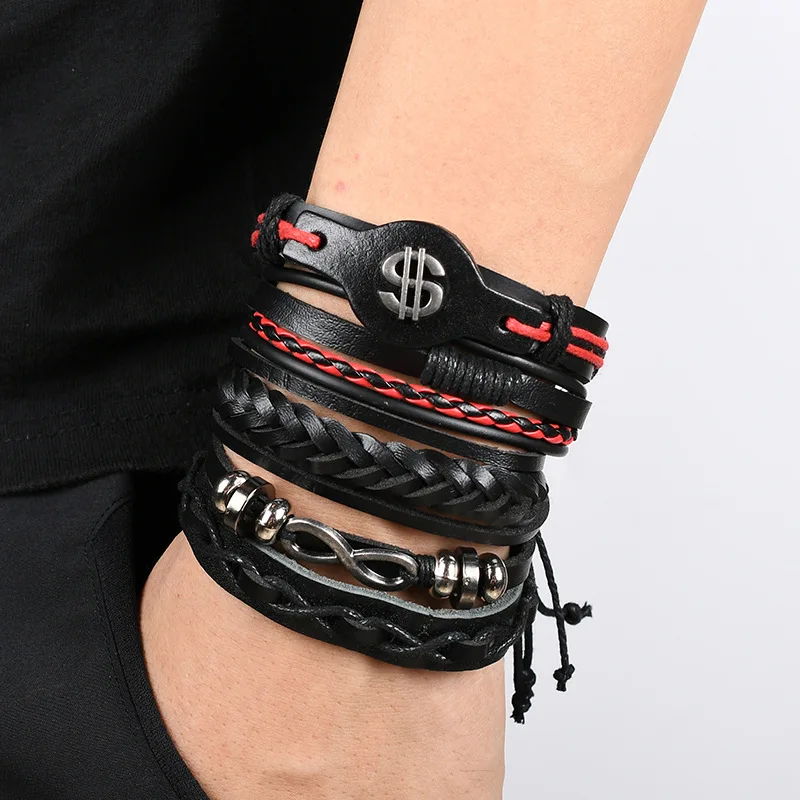 

2 Fashion Bracelet Viking Bracelet For Men Hand Bracelets Woven Skull Hand Jewelry Adjustable Leather Set Bracelet For Leather